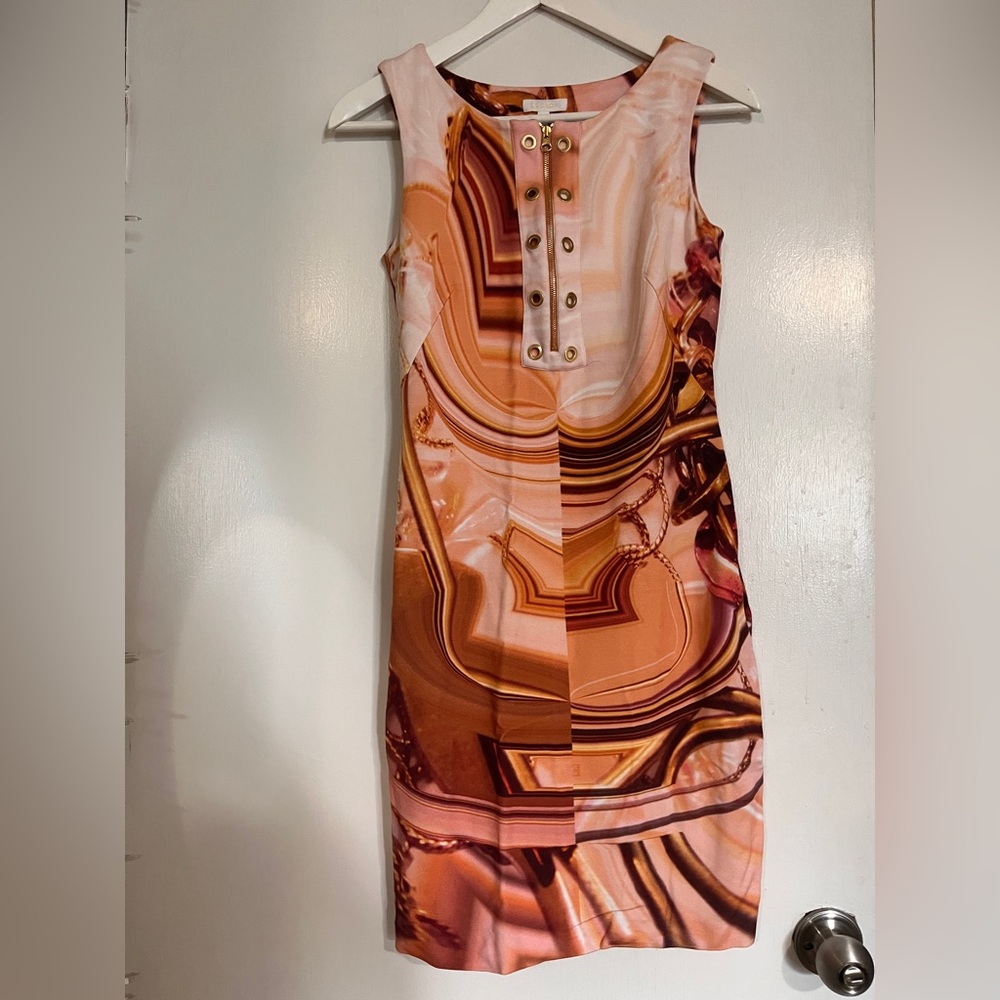 Escada Multitone Marble-Print Mini Dress in Orange and Pink